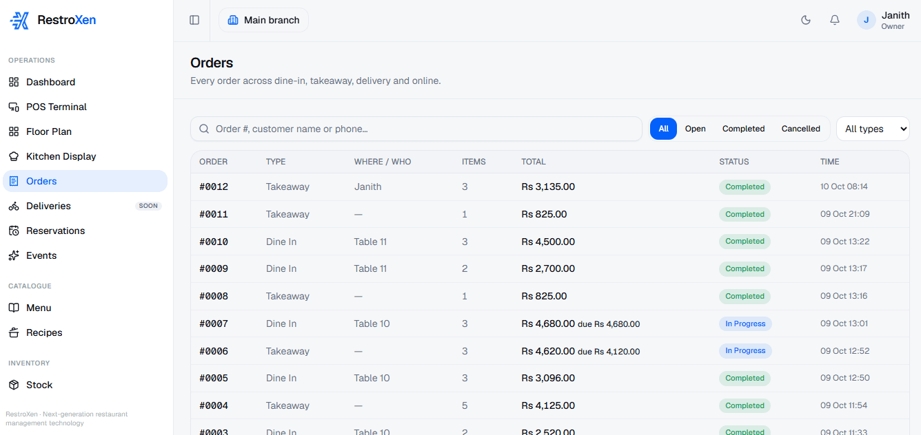 RestroXen orders dashboard with dine-in, takeaway and delivery orders